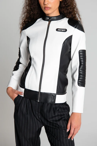 NWT Ahiri Kelly Colorblock Faux Leather Racing Jacket White/Black Women's Small