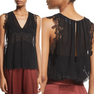 3.1 Phillip Lim Silk-Blend V-Neck Sheer Floral Lace Tank Top Black Womens Size 2