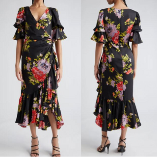 Cinq à Sept Theda Chrysanthemum-Print Ruffle Faux-Wrap Midi Dress Black Womens 8