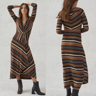 NWT Maeve by Anthropologie Striped Wrap Midi Dress Brown Multi Women's Size XS