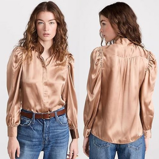 Frame Gillian Lightweight Plunge Neck Puff Sleeve Silk Top Bronze Womens Size XS