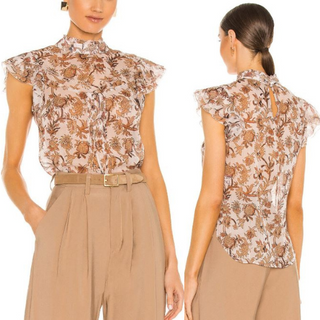 Veronica Beard cream brown sheer ruffle top metallic, 2