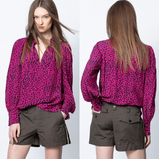Zadig & Voltaire Titus Print Leo Tunic Shirt Blouse Framboise Women's Size Small