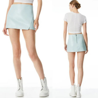 NWT Alice + Olivia Lilia Vegan Leather Crossover Mini Skirt Powder Blue Women's 2