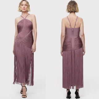 NWT Herve Leger Asymmetric Draped Fringe Halter Maxi Gown Mauve Women's Medium