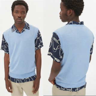 Loro Piana Sleeveless Wool Blend V-Neck Pullover Vest Light Blue Mens Size Large