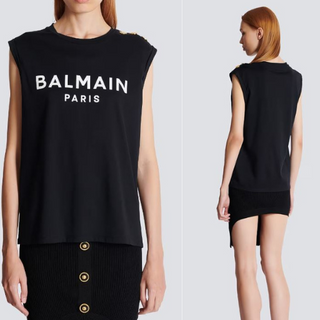 Balmain Paris Poplin Cotton Embossed Gold Metal Buttons Tank Top Black Womens 36