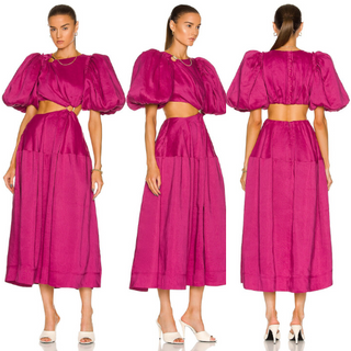 Aje. Vanades Cut Out Gold O-Ring Puff Sleeve Midi Dress Fuchsia Women's Size 4