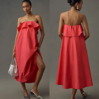 By Anthropologie Strapless Flounce A-Line Midi Dress Fuchsia Pink Women's Small
