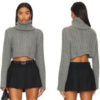 NWT Camila Coelho Daria Cable Knit Turtleneck Cropped Sweater Gray Women's XS