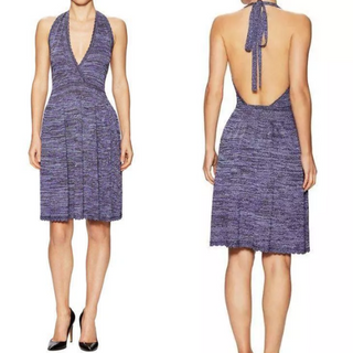 M Missoni Metallic Knit Plunging V-Neck Tie A-Line Dress Purple Women's Size 36