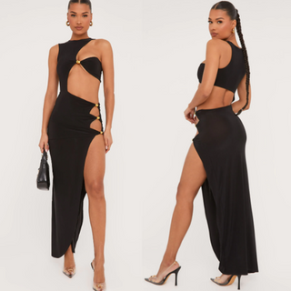 EGO Extreme Cut Out Gold Beaded Split Leg Asymmetric Maxi Dress Black Women's XS