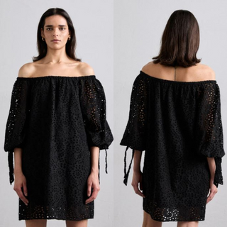 Alice + Olivia Artemis Poplin Off-The-Shoulder Eyelet Mini Shift Dress Black Women's XS