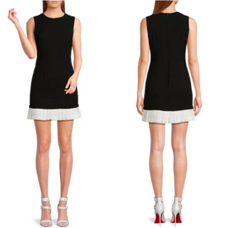 NWT Lea & Viola Pleated Round Neck Mini Sheath Dress Black Women's Size Small