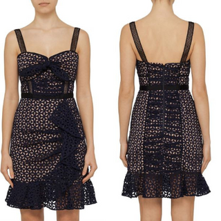 Self-Portrait Sweetheart Tie Ruffled Broderie Eyelet Mini Dress Navy Women's 2