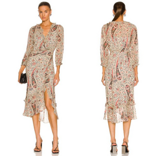 Veronica Beard Derby Paisley Ruffle Silk Midi Wrap Dress Oat Multi Women's Size 6