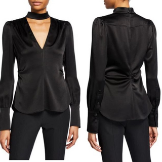 NWT A.L.C. Hirsch Keyhole Pleated V-Neck Crepe Blouse Top Black Women's Size 0