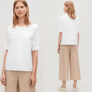 COS Elastic-Cuffed Short Sleeve Poplin Cotton Boxy Tee White Women's Size Medium