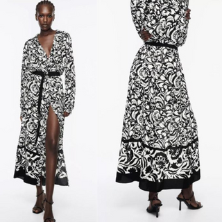 Zara Floral Printed Button Front Maxi Shirt Dress Black White Women's Size XL
