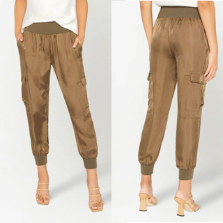 Cinq à Sept Giles Satin Cargo High Rise Jogger Pants Olive Brown Women's XS