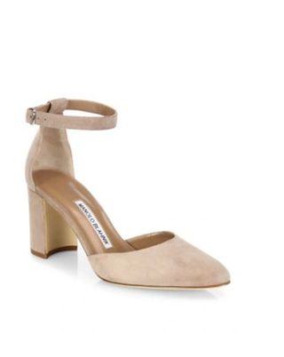 Manolo Blahnik Lausam Suede Ankle Strap Block Heels Sandals Tan Women's EU 37
