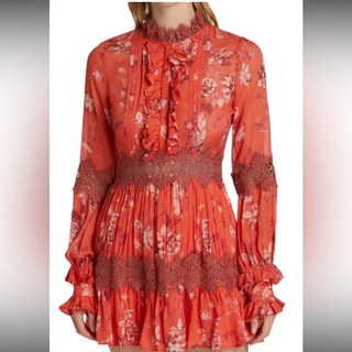 Alexis Beaumont High Neck Ruffled Lace Tim Floral Mini Dress Coral Red Womens M