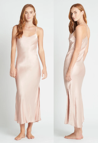 Homebodii Kiralee Lounge Satin V-Neck Long Slip Dress Blush Pink Womens Size XXS