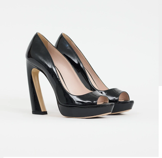 Miu Miu Patent Leather Peep Toe Curved Heel Platform Pump Black Women's EU 40