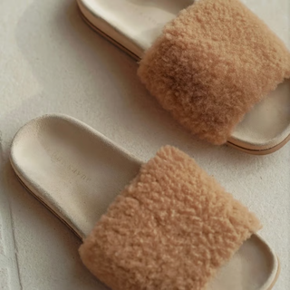 NWOT Jenni Kayne Slip On Open Toe Shearling Slide Sandal Natural Brown EU 38