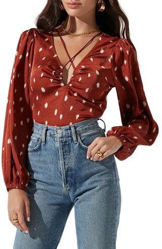ASTR The Label Dotted Ruched Keyhole Long Sleeve Blouse Rust Multi Women's Small