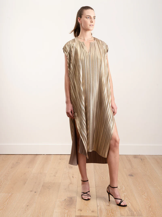 Maria Cornejo Cap Sleeve Pleated Plisse Kaftan Midi Dress Gold Women's Size M