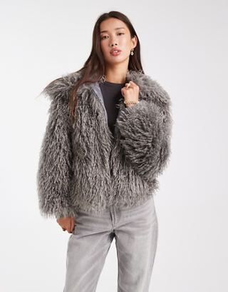 Asos Daisy Street Faux Fur Rib Cuff Cocoon Winter Coat Charcoal Grey Women's M