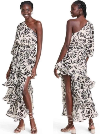 Alexis Botanical One Shoulder Ruffle Asymmetric Maxi Dress White Black Small