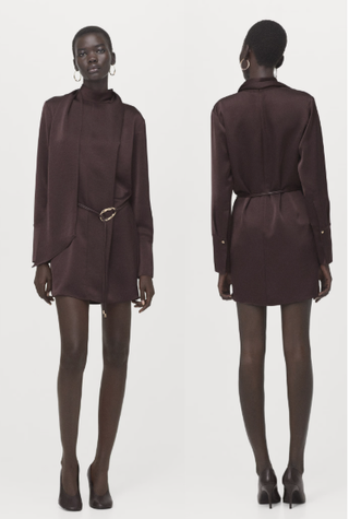 Mango Foulard Long Sleeve High Neck Satin Mini Dress Chocolate Brown Womens Small