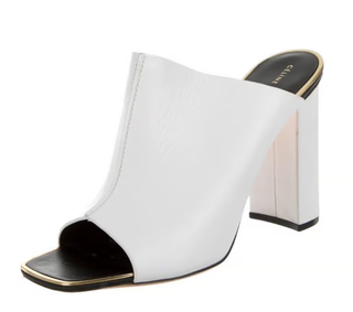 Celine Leather Minimalist Peep Toe Block Heel Mules White w/ Gold Trim Womens 36