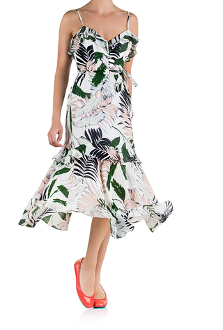 Milly 100% Silk Tropical Print Layered Ruffle Trim Slip Midi Dress Green/White 4
