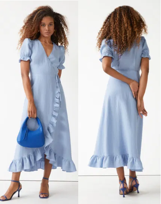 & Other Stories Puff Sleeve Surplice V-Neck Ruffle Trim Wrap Dress Blue Womens 8