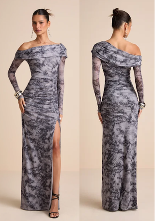 NWT Lulus Darla Mesh One-Shoulder Long Sleeve Maxi Dress Grey Tie-Dye Women's S