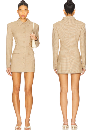 NWT Lioness Cheri Long Sleeve Padded Shoulder Blazer Dress Tan Plaid Women's XS