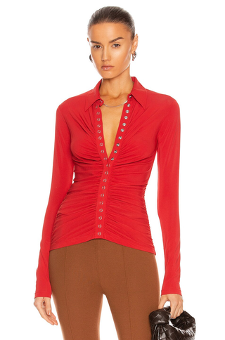 A.L.C. Larsen Long Sleeve Snap Button Ruched Shirt Top Pompeian Red Women's XS