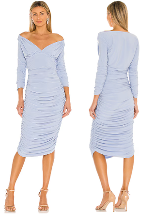 Norma Kamali Tara Ruched Off Shoulder Bodycon Midi Dress Celestial Blue Medium