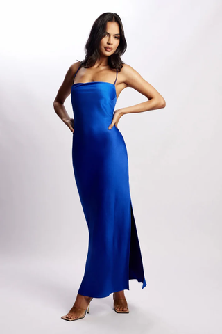 NWT Meshki Sydney Satin Straight Neck Slip Maxi Dress Cobalt Blue Women's Size S