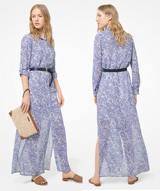 Michael Kors Coral Mosaic Georgette Short Sleeve Maxi Shirtdress Blue Women's XL