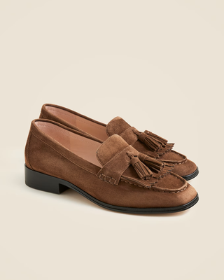 J. Crew Maison Suede Tassel Slip On Square Toe Loafers Flat Brown Women's US 9.5