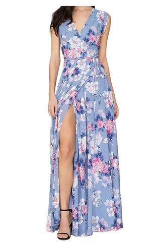 NWT Jonathan Simkhai Floral Sleeveless Slit Wrap Maxi Dress Sky Blue Womens 4