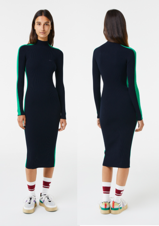 Lacoste Contrast Band Seamless Ribbed Knit Bodycon Sweater Dress Blue Green 2