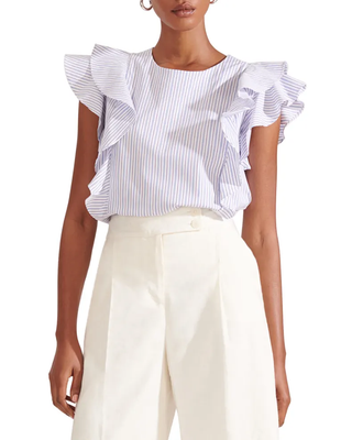 Veronica Beard Emert Striped Flutter Sleeve Ruffle Trim Blouse Top Blue/White 0