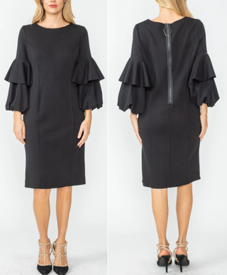 IC Collection Ruffle Balloon Sleeve Round Neck Shift Dress Black Womens Size M