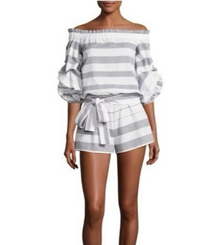 Alexis Striped Off-the-Shoulder Belted Short Romper Gray/White Women's Size S