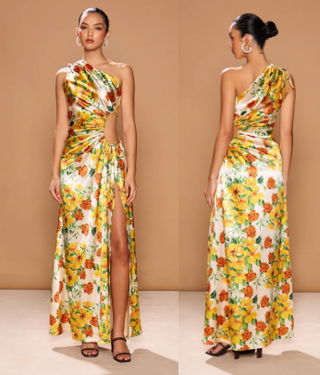 NWT Sonya Moda Nour Yarden Floral Satin One Shoulder Evening Dress Yellow Medium